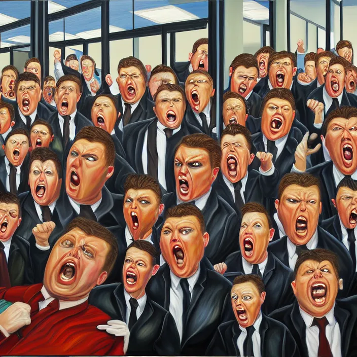 Prompt: an army of angry karens storm the manager's office, photorealism, oil on canvas, comedy, dramatic