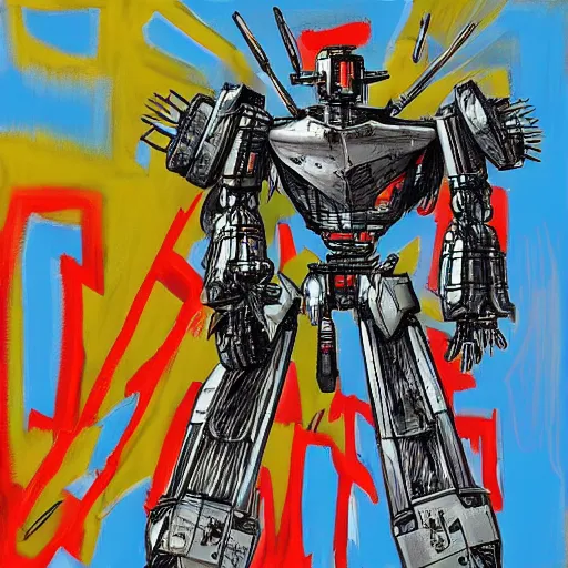 Image similar to realistic combat mecha in the style of jean - michel basquiat, beeple, junji ito, metal shaded