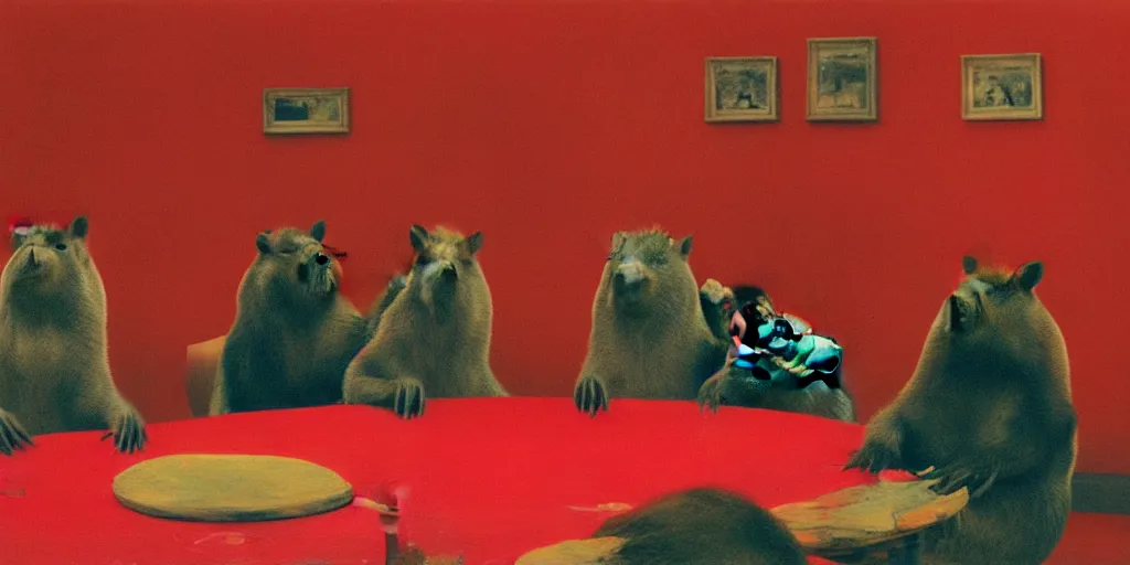 Prompt: film still of capybaras screaming!!!! sitting at a round table and finger painting in a red room with pictures on the wall directed by david lynch, vibrant colours, backlighting