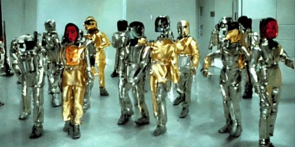 Image similar to color film still, android soldiers at the disco ; moon ( 1 9 7 7 )