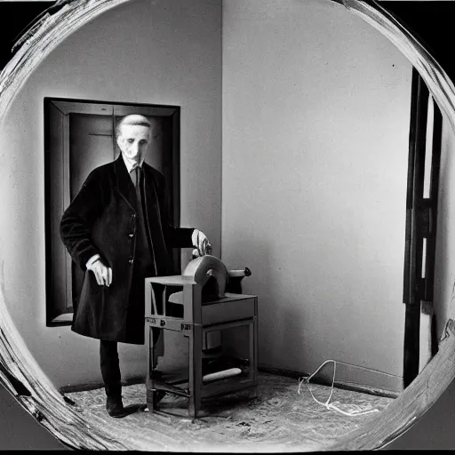 Image similar to underexposed photo of Marcel Duchamp in a room with an ancient machine, Kodachrome, Edward Weston and Gustave Doré, archival pigment print, contemporary art