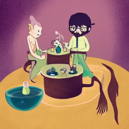 Image similar to tiny imaginary creatures having tea party in a humans beard. in a style of hayao miyazaki.