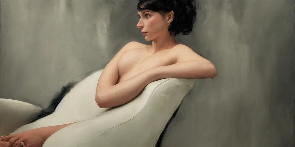 Image similar to meredit frampton sitting on a white leather chair, head and shoulders portrait, stormy weather, extremely detailed masterpiece, oil on canvas, low-key neon lighting, artstation, Blade Runner 2049, Roger Deakin’s cinematography, by J. C. Leyendecker and Peter Paul Rubens and Edward Hopper and Michael Sowa