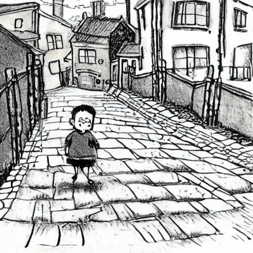 Prompt: humorous pencil drawing of little nicholas walking along a lonely village street, similar childrens book le petite nicolas, by jean - jacques sempe, by rene goscinny