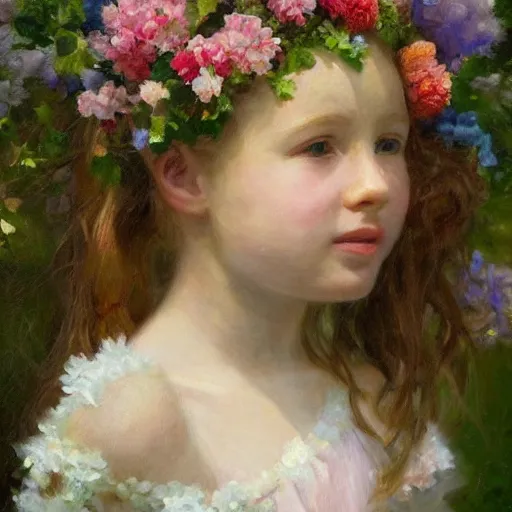 Prompt: a girl wearing a garland of flowers standing in the garden, beautiful, oil painting, artstation, soft light, highly detailed, sharp focus, by sophie anderson