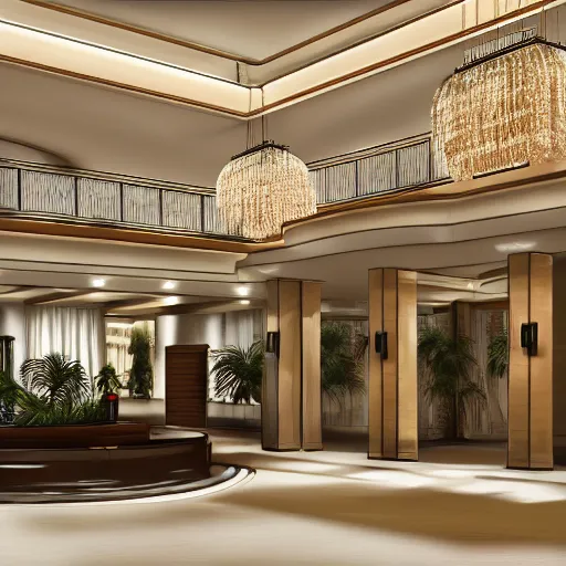 Image similar to wide angle view of an elegant hotel lobby, in the style of cell shaded anime, modern anime style, official anime still