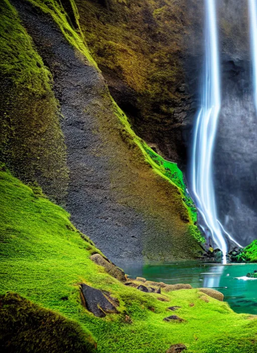 Prompt: a waterfall in the middle of a mountain range, a detailed matte painting by hallsteinn sigurðsson, shutterstock contest winner, naturalism, uhd image, creative commons attribution, photo taken with ektachrome