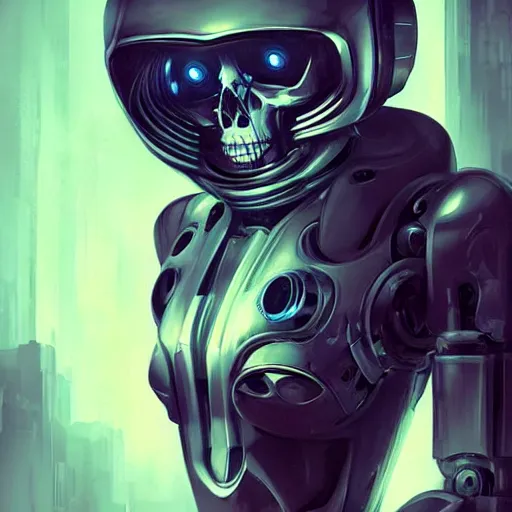 Image similar to skull - headed robot cyborg painting, illutstration, concept art, cyberpunk, futurism, comics art, artgerm, full body shot, wide angle