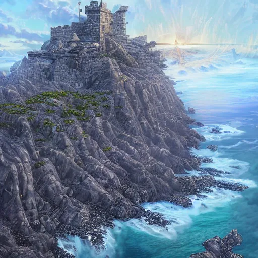 Prompt: fortress sitting on the edge of a cliffed coast by ayami kojima, digital art, very detailed