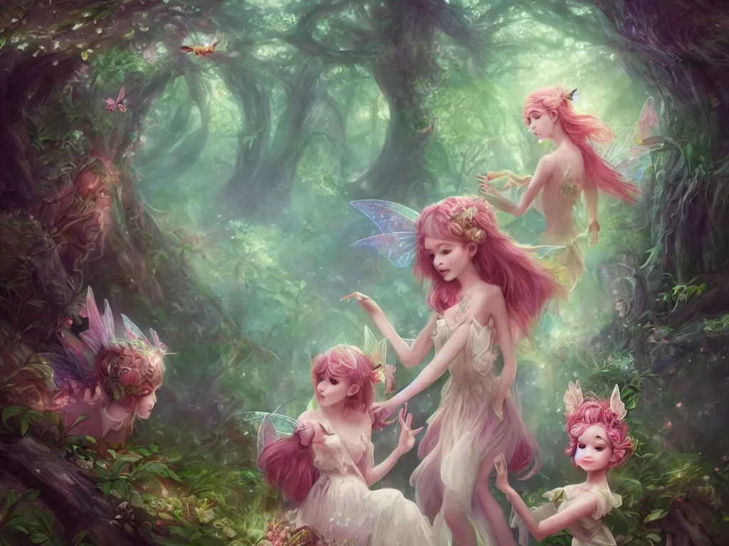 Image similar to two cute fairy in the dreamy forest, fantasy, dreamlike, 8 k resolution, hyper detailed, d & d, character design, digital painting, trending on artstation, sharp focus, illustration, art by artgerm, viktoria gavrilenko, hoang lap, fuji choko, steve zheng