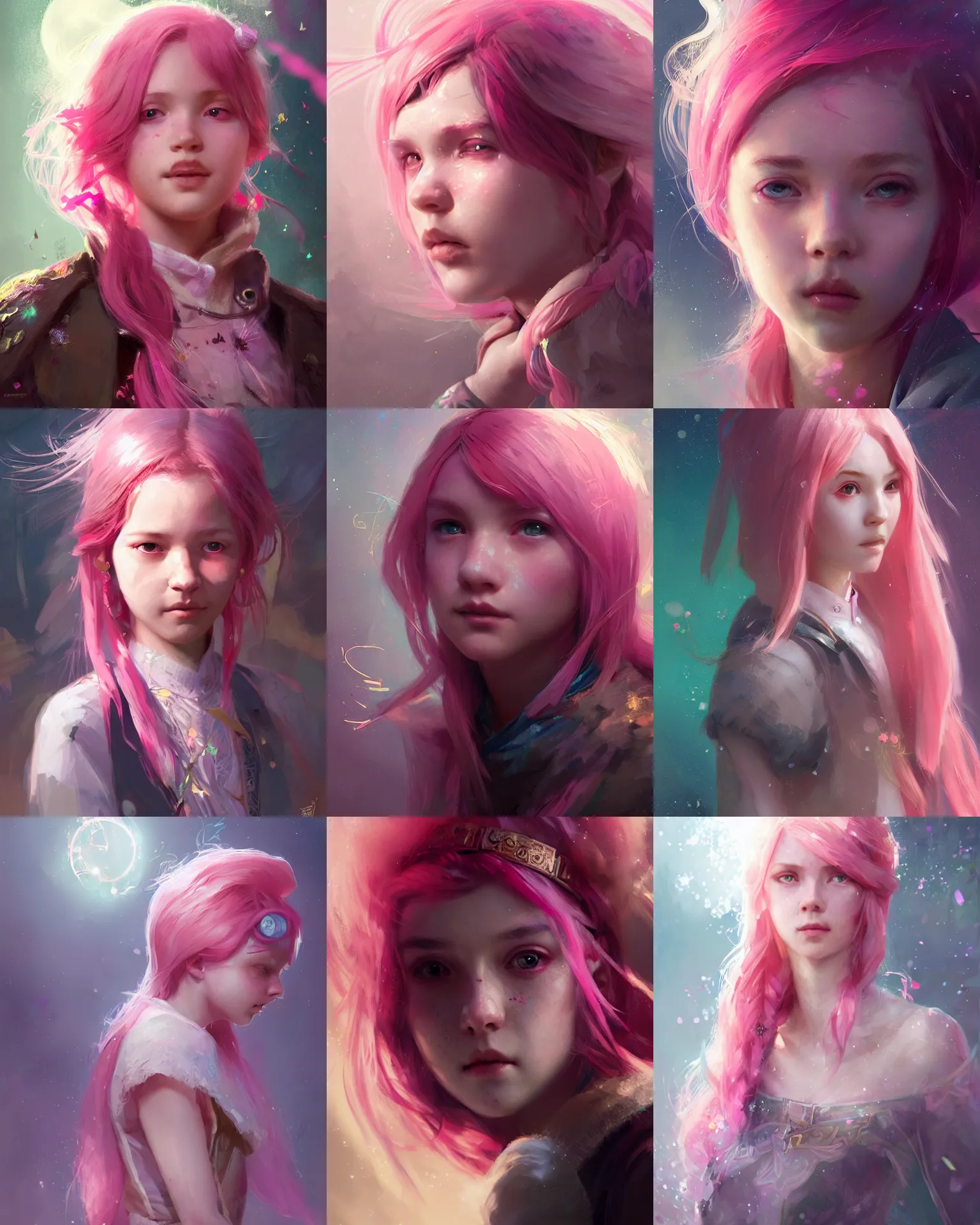 Prompt: portrait of an innocent lost girl with pink hair, magic uniform, fantasy, intricate, sharp focus, lens flare, bloom, rim light, illustration, highly detailed, digital painting, concept art, matte, art by ruan jia