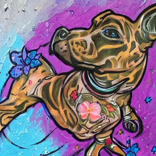 Image similar to brindle pitbull playing roller derby with skates happy surrounded by flowers tattoo style. painting. impressionist. big paint strokes. colorful.