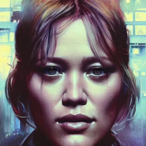 Prompt: hilary duff, hyperrealistic portrait, bladerunner street, art of elysium by jeremy mann and alphonse mucha, fantasy art, photo realistic, dynamic lighting, artstation, poster, volumetric lighting, very detailed face, 4 k, award winning