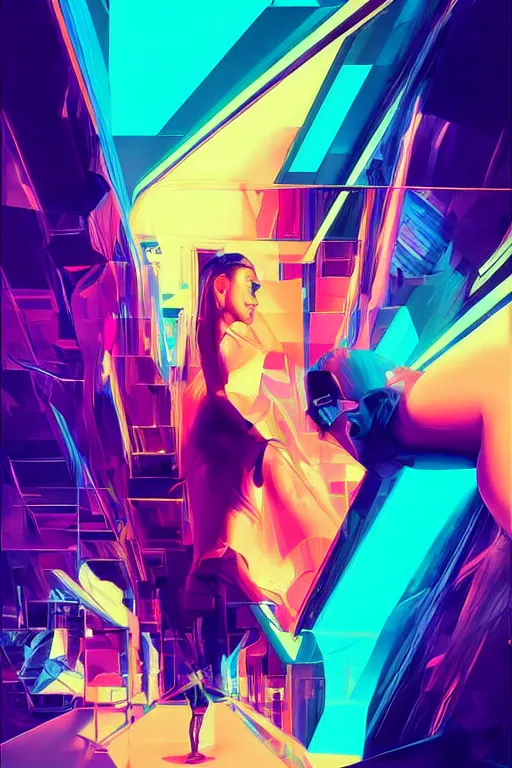 Prompt: portrait, digital painting, an beautiful, crazy hacker girl, lost in code, synthwave, glitch!!, fractured reality, mirrors, realistic, hyperdetailed, golden hour, concept art, art by syd mead