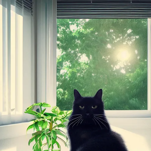 Image similar to peaceful dreamy painting of a content black cat sitting by a window, sunshine coming through the window, small plants on the window sill, 8k, highly detailed, trending on artstation, octane render