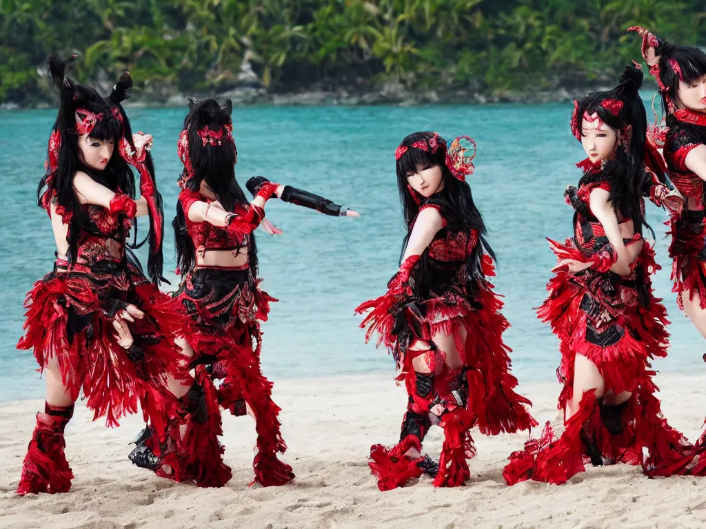 Image similar to babymetal performing on a tropical beach beautiful, scenery, 3 members, high detail, High Definition detail, 8K, photography