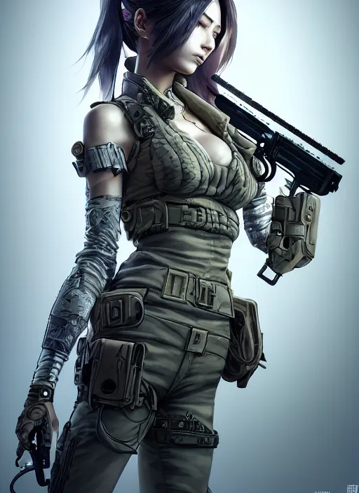 Image similar to the portrait of lawful neutral female cyberpunk marine sniper as absurdly beautiful, gorgeous, elegant, young gravure idol, an ultrafine hyperdetailed illustration by kim jung gi, irakli nadar, intricate linework, bright colors, octopath traveler, final fantasy, unreal engine 5 highly rendered, global illumination, radiant light, detailed and intricate environment