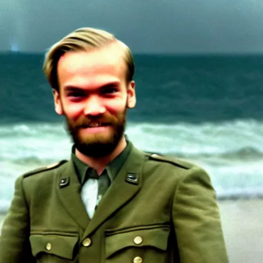 Image similar to A closeup of Pewdiepie storming the beaches of Normandy, 1945, Colourized