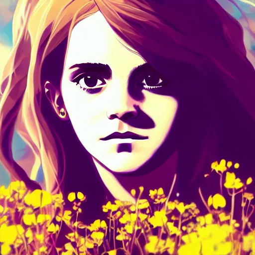 Prompt: portrait of Emma Watson as Hermione, dressed as Cleopatra, field of flowers background, rich vivid colors, ambient lighting, dynamic lighting, 4k, HQ, anime key visual, makoto shinkai, ilya kuvshinov, lois van baarle, rossdraws, detailed, trending on artstation