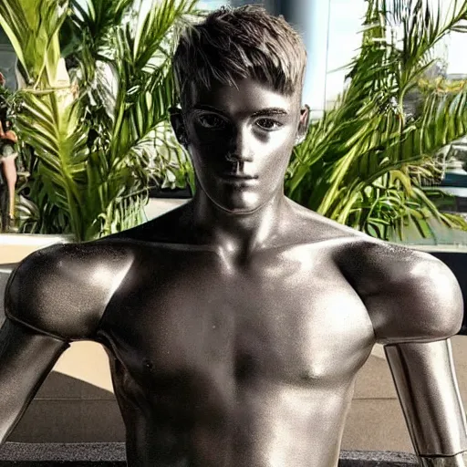 Image similar to “a realistic detailed photo of a guy who is an attractive humanoid who is half robot and half humanoid, who is a male android, twitch streamer Ninja Tyler Blevins, shiny skin, posing like a statue, blank stare, by the pool, display”