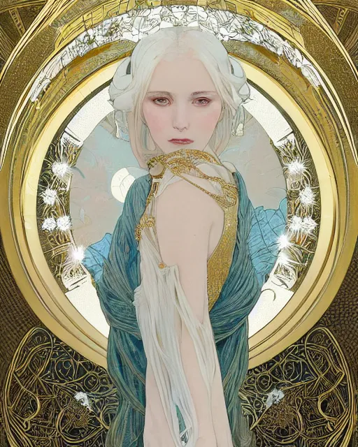 Image similar to portrait of a beautiful ethereal woman with pale hair and gold eyes wearing a flowing white and gold gown surrounded by wing motifs, ilya kuvshinov, greg rutkowski, alphonse mucha, kay nielsen, regal, elegant, detailed, digital painting, concept art