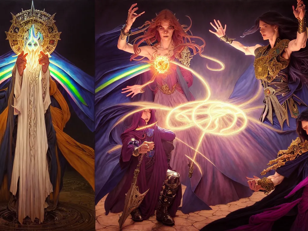 Image similar to painting of powerful stylish sorcerer and a cleric banishing the darkness and its abominations with a rainbow spell, ultra realistic, concept art, intricate details, eerie, highly detailed, photorealistic, octane render, 8 k, unreal engine. art by artgerm and greg rutkowski and magali villeneuve and alphonse mucha