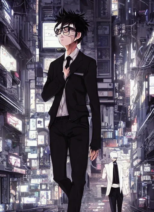 Prompt: manga cover, white man with rectangular glasses and curly black hair, white shirt and black blazer, black pants, lanky, intricate cyberpunk city, emotional lighting, character illustration by tatsuki fujimoto