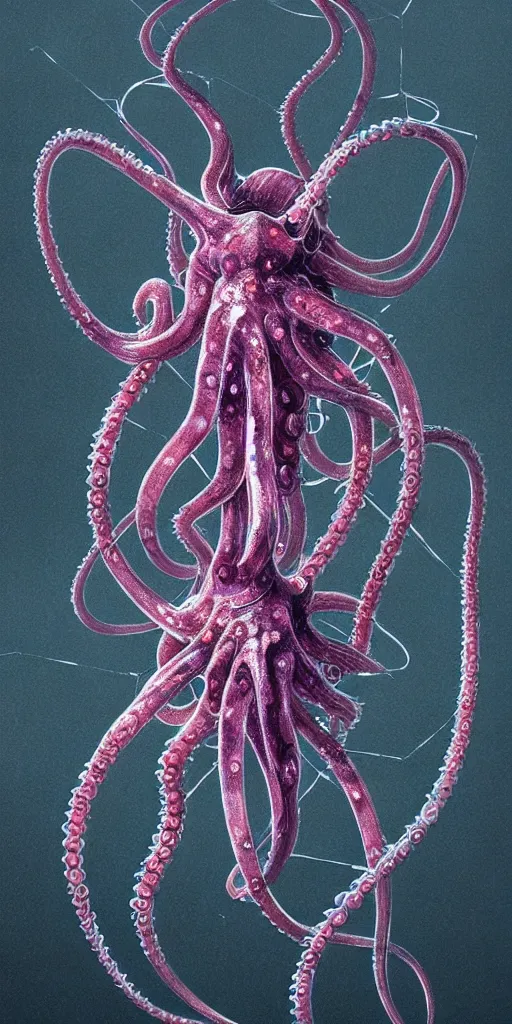 Image similar to concept art of an alien cybernetic arachnid octopus made of silica crystal and translucent cables, on a rock background, surrounded by spirals of fog, grimy, gritty, trending on artstation, award winning painting, close portrait, cgi, art by david cronenberg and chris cunningham