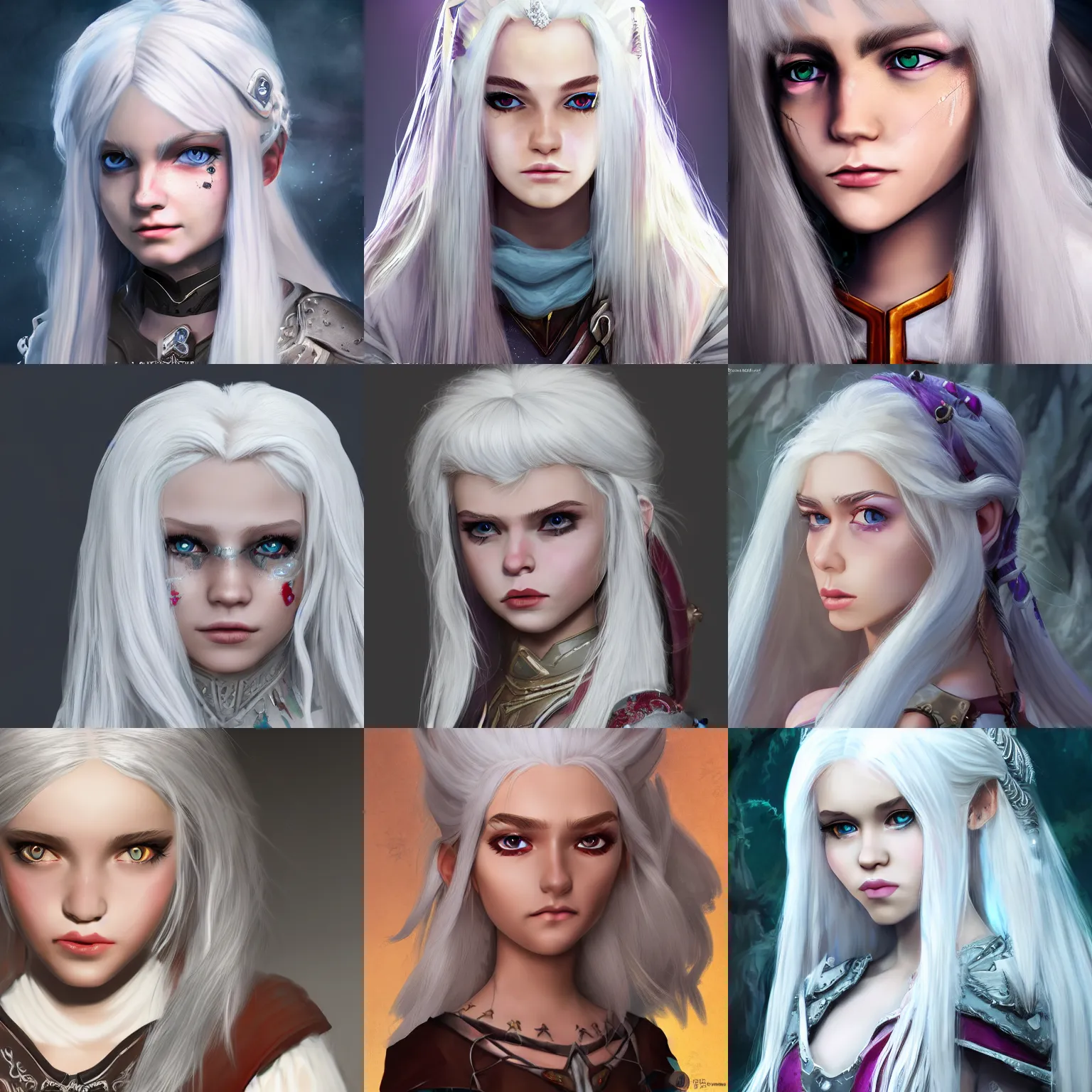 Prompt: A Dungeons and Dragons young, beautiful teenager girl with long, white hair, dressed like a princess, face close up, official media, beautiful, detailed, high quality, 4K, epic, trending on artstation and behance