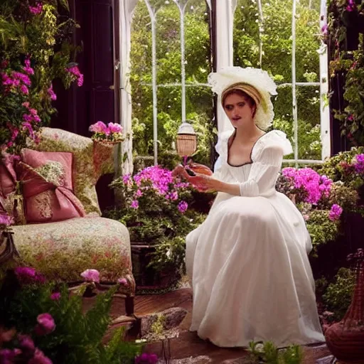 Prompt: fantasy, glow, shimmer, emma watson as victorian woman in a long white frilly lace dress and a large white hat having tea in a sunroom filled with flowers, roses and lush fern flowers ,intricate, night, highly detailed, dramatic lighting , high quality