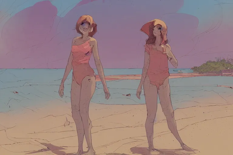 Image similar to a study of cell shaded cartoon of a girl standing on a beach, illustration, wide shot, subtle colors, post grunge, concept art by josan gonzales and wlop, by james jean, Victo ngai, David Rubín, Mike Mignola, Laurie Greasley, highly detailed, sharp focus, alien, Trending on Artstation, HQ, deviantart, art by artgem