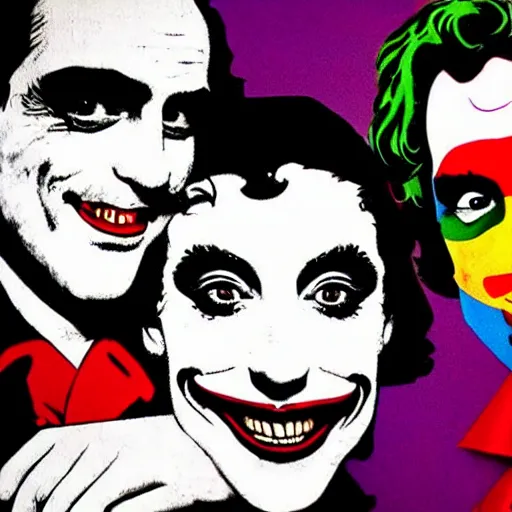 Prompt: richard hamilton and mimmo rottela and banksy as joaquin phoenix skinny joker holding hand lady gaga harley queen, ultra photorealistic, intricate details, pop art style, concept art, 3 colors, 4 d, smooth, sharp focus