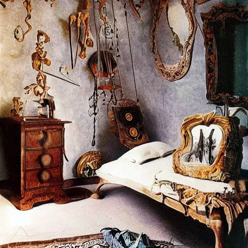 Image similar to a cozy bedroom decorated by salvador dali, detailed, high resolution, wow!, intricate