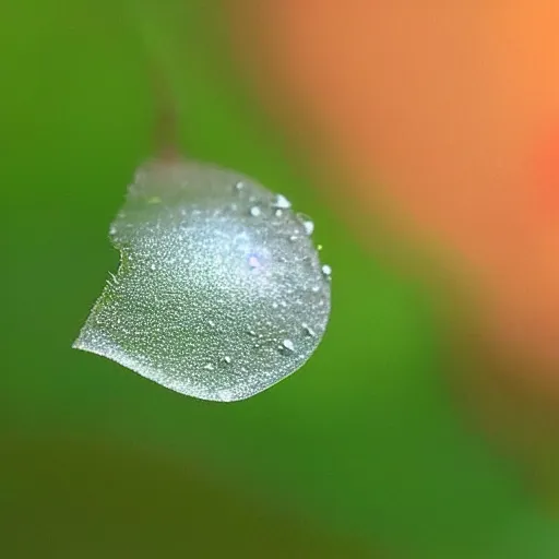 Prompt: dewdrop on a flower petal shimmers quietly after a little wavering and falls like a tear of love macro zoom