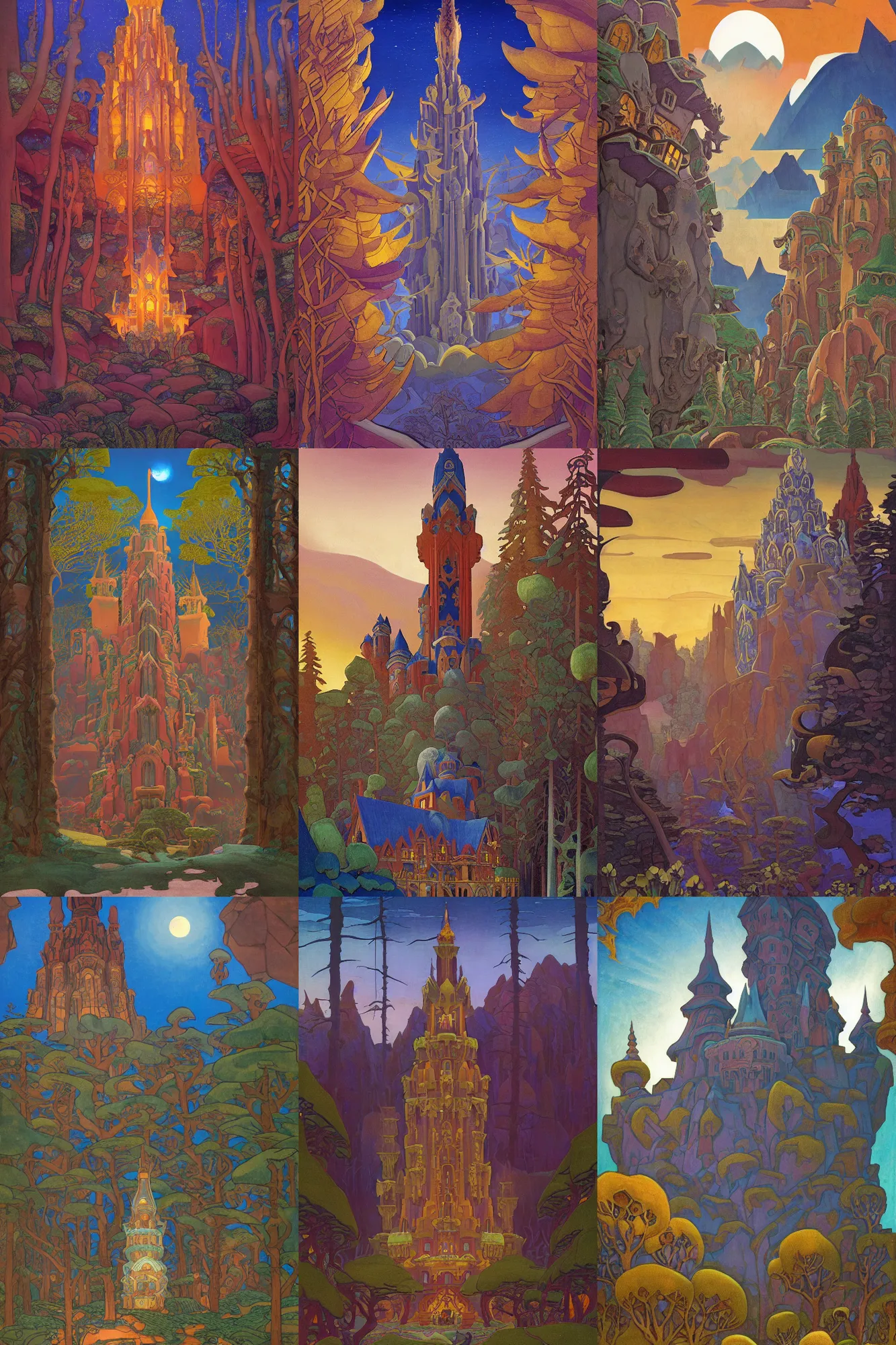 Prompt: enchanted forest tower, dramatic cinematic lighting, carved ornate architecture, rich colors, by Nicholas Roerich and William Dyce and ford madox brown and April Gornik and Diego Rivera and Tyler Edlin and (((Ivan Bilibin))) and Sylvain Sarrailh