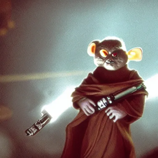 Image similar to a film still of mogwai as a jedi in star wars realistic, detailed