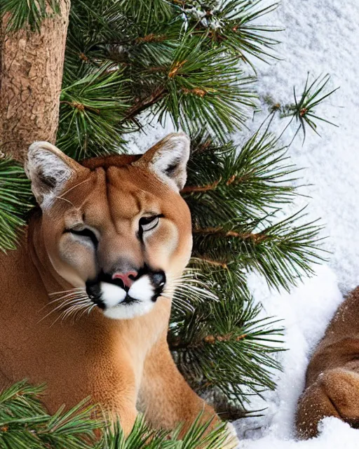 Image similar to ripped up apostcard showing 'a cougar sleeping in the middle of snowy pine tree' laying on coffee table, zoomed out shot, HD, iphone capture