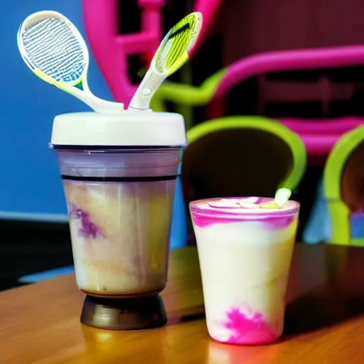 Prompt: three cups of yougurt jars next to a tennis racket, a stock photo by pia fries, trending on pinterest, lyco art, y 2 k aesthetic, vaporwave, aesthetic, side view