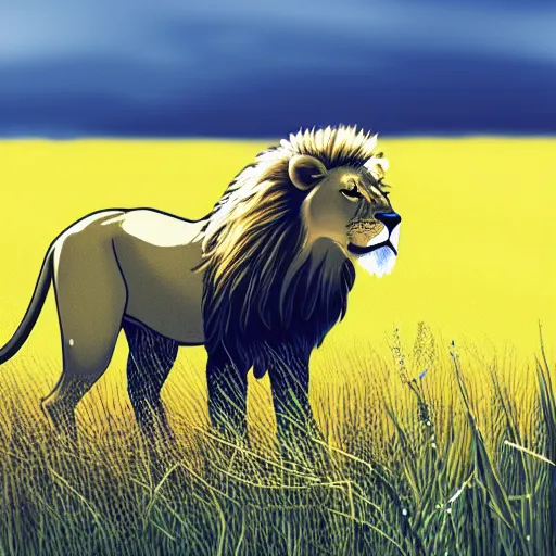 Prompt: Vector illustration of a full body lion in a meadow, Dribbble, sharp focus, 4k