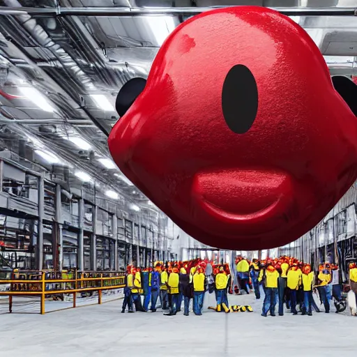 Prompt: a giant mickey mouse head, factory floor, surrounded by factory workers, octane render, cgstation, 3 d render, very detailed, mindblowing, blood and guts, gritty, cyberpunk, red and cinematic lighting, hyper realism