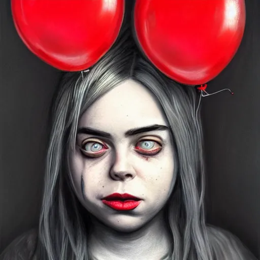 Prompt: surrealism grunge cartoon portrait sketch of billie eilish with a wide smile and a red balloon by - michael karcz, loony toons style, chucky style, horror theme, detailed, elegant, intricate