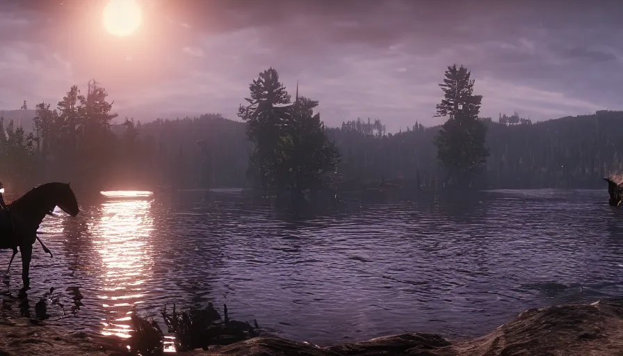 Image similar to red dead redemption 2 screencap, loch ness monster in flat iron lake, ultra graphics, 4 k image, dusty, light beams,, at night, moonbeams