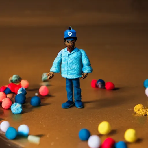 Image similar to a cinematic film still of a claymation stop motion film starring chance the rapper as a college student, shallow depth of field, 8 0 mm, f 1. 8