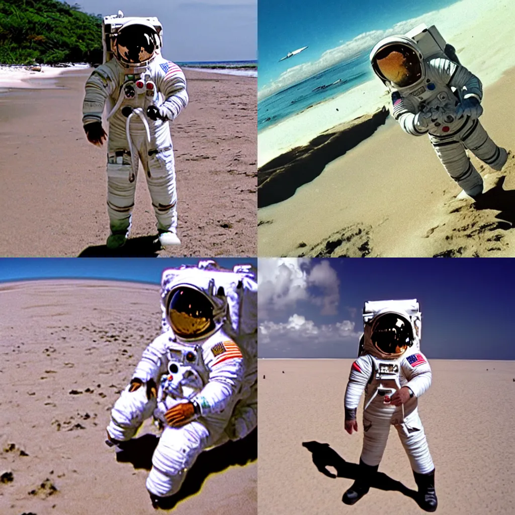 Image similar to footage of an astronaut in a tropical beach