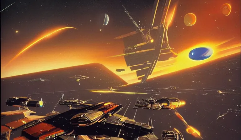 Image similar to !dream A space battle , deep space and galactic fleet at war with aliens in the style of Syd Mead , Chris Foss .