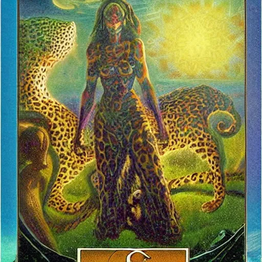 Image similar to extraterrestrial divine godly witch's garden square leopard tequila ophanim entree, by arnold bocklin and guido borelli da caluso and h. p. lovecraft, tarot card, quantum wavetracing, postmodern