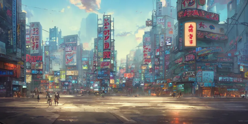 Image similar to A highly fantasy detailed matte painting of Buildings with Japanese Billboards and neonsigns by Studio Ghibli, Makoto Shinkai, by Artgerm, by WLOP, by Greg Rutkowski, volumetric lighting, octane render, 4K resolution, trending on artstation, masterpiece