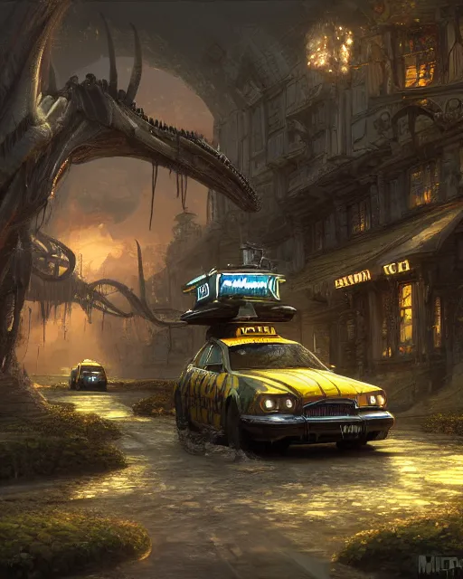 Image similar to xenomorph taxi car in a fantasy village, calming, uplifting mood, ultra realistic, farm, small buildings, highly detailed, epic lighting, illuminated, cinematic, morning, art by eddie mendoza