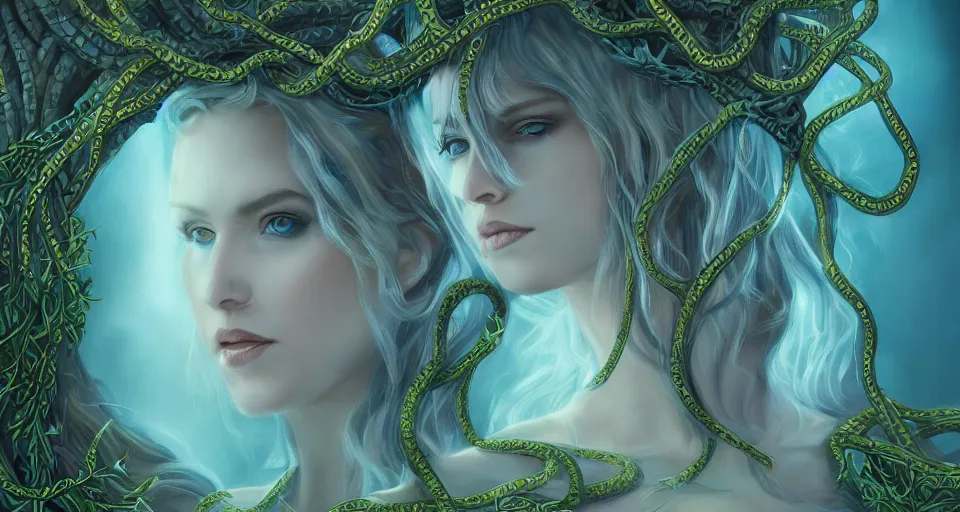 Image similar to detailed portrait of the queen of snakes, realism, pale blue, emerald, sapphire, wearing a crown of vines, nest of vipers, moonlit, dark fantasy, dramatic lighting, cgsociety, artstation