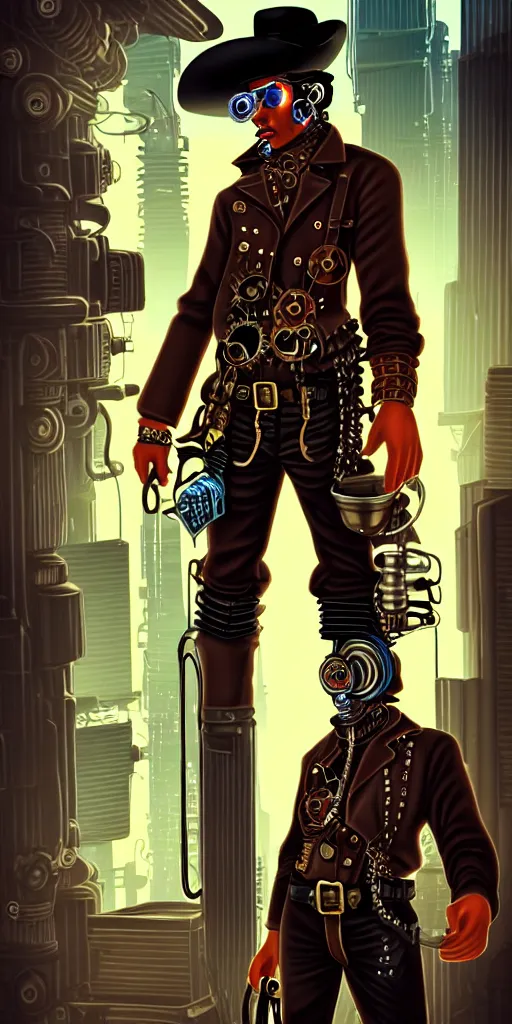 Image similar to Steampunk cowboy in a cyberpunk city